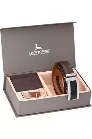 Pacific Men Brown & Silver-Toned Genuine Leather Accessory Gift Set