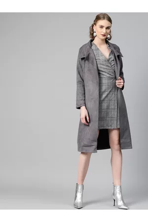 ATHENA Women Grey Suede Finish Solid Overcoat