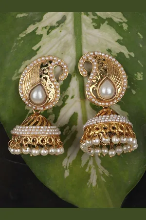 ANIKAS CREATION White Gold-Plated Contemporary Jhumkas Earrings