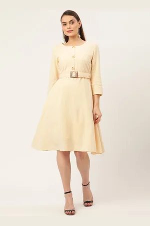 MADAME Women Beige A-Line Dress with a Belt