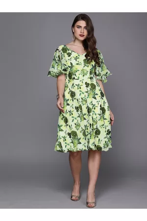 Ethnovog Women Green Yellow Floral Printed Made To Measure Fit and Flare Dress