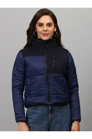 Campus Women Navy Blue Colourblocked Windcheater Longline Outdoor Padded Jacket