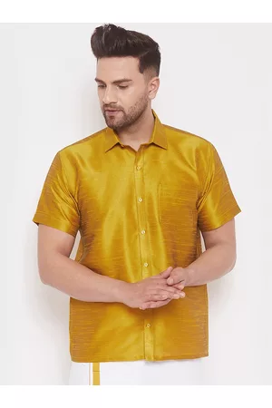 Vastramay Men Mustard Solid Silk Blend Party Shirt