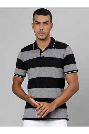 Richlook Men Black Striped Polo Collar Slim Fit T-shirt