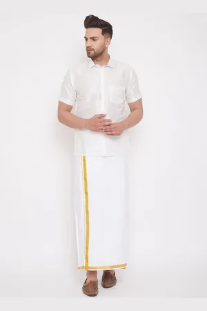 Vastramay Men White Solid Relaxed-Fit South Indian Style Shirt & Mundu Set