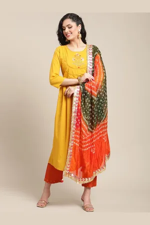 Varanga Women Mustard Yellow Embroidered Pure Cotton Anarkali Kurta With Bandhani Dupatta