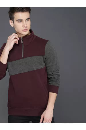 WROGN Men Maroon & Grey Colourblocked Sweatshirt