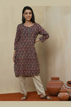 Fabindia Women Blue Ethnic Motifs Printed Keyhole Neck Cotton Kurta