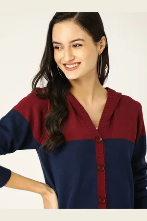 DressBerry Women Navy Blue & Maroon Colourblocked Hooded Cardigan