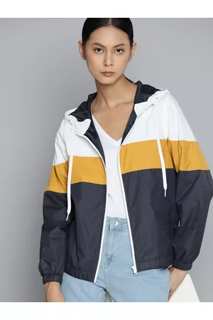 Ether Women Navy Blue & White Striped Bomber Jacket