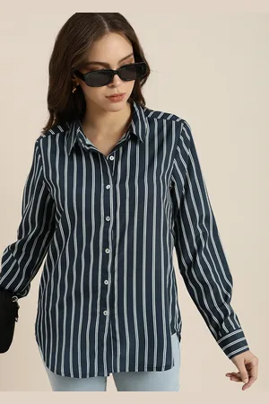 Invictus Women Navy Blue Striped Casual Longline Shirt