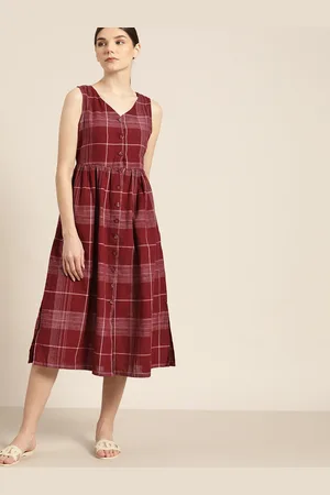 Ether Women Maroon & Pink Pure Cotton Checked A-Line Dress