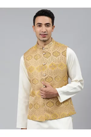 MANQ Men Gold Toned Woven Jaquard Silk Nehru Jacket