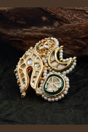 DUGRISTYLE Gold-Plated & White Kundan Stone Studded Finger Ring