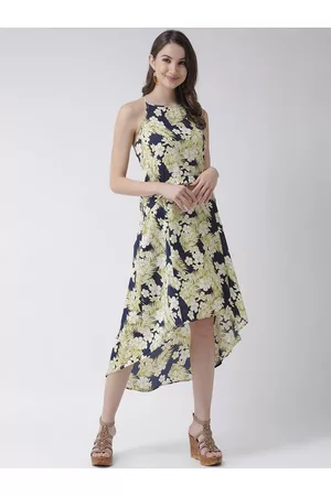 KASSUALLY Women Navy Blue & Yellow Printed Maxi Dress