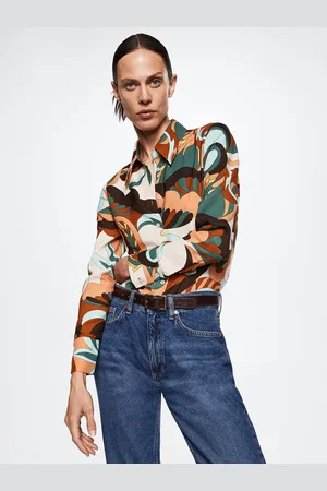 MANGO Women Turquoise Blue & Brown Retro Printed Casual Shirt