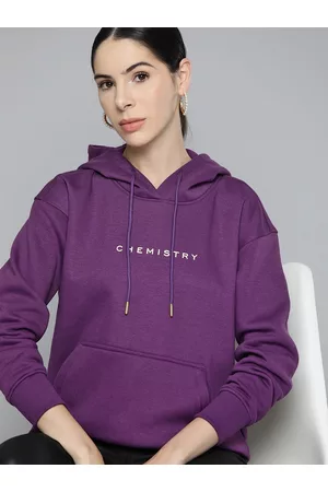 Chemistry Women Purple Printed Hooded Drop Shoulder Fleece Sweatshirt