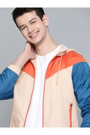 Mast & Harbour Men Beige and Orange Colourblocked Lightweight Bomber Jacket