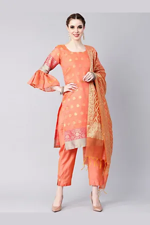 Chhabra 555 Peach-Coloured & Gold-Toned Art Silk Unstitched Dress Material
