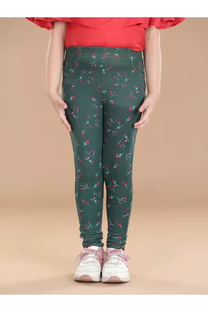 StyleStone Girls Green Floral Printed Cotton Jeggings
