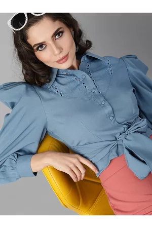 KASSUALLY Women Blue Solid Regular Fit Casual Crop Shirt