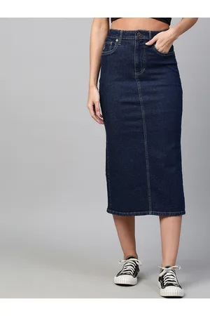 Chemistry Women Navy Blue Solid Straight Midi Denim Skirt