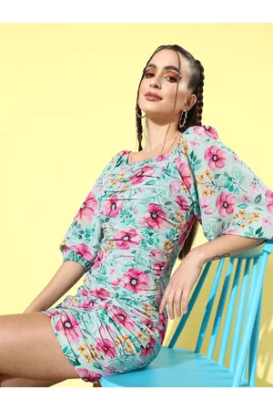 KASSUALLY Women Turquoise Blue Floral Volume Play Dress