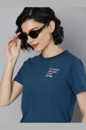 HARVARD Women Dark Blue Typography Printed Pure Cotton Casual T-shirt