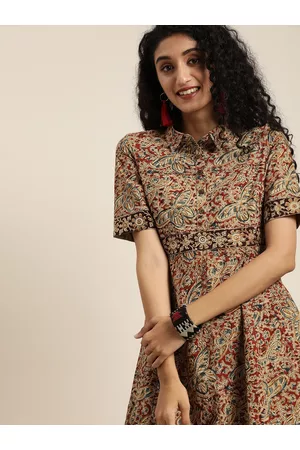 Taavi Women Beige & Red Kalamlari Hand Block Print Fit & Flare Dress with Pockets