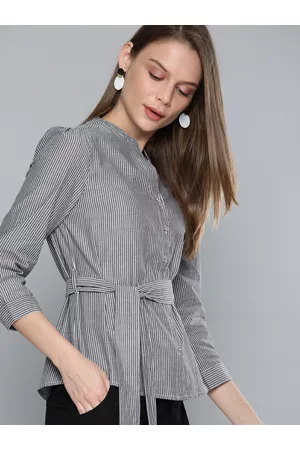 Chemistry Women Navy Blue & White Regular Fit Striped Formal Shirt