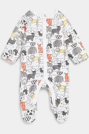 Mothercare Infants White and Black Conversational Printed Pure Cotton Sleepsuit