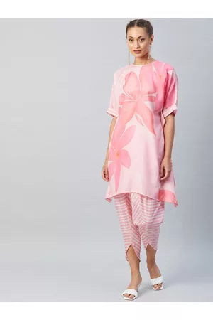 ATHENA Women Pink Printed Regular Pure Cotton Kurta with Trousers