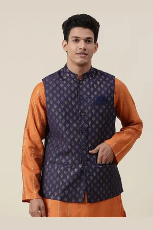 Fabindia Men Navy Blue Printed Nehru Jackets