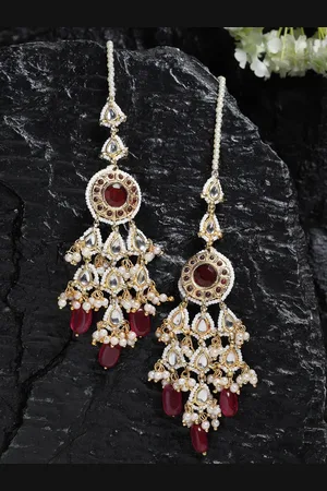 DUGRISTYLE Women Gold-Plated Red & White Kundan Studded Drop Earrings