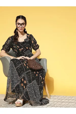 ATHENA Women Stylish Black Floral Volume Play Dress