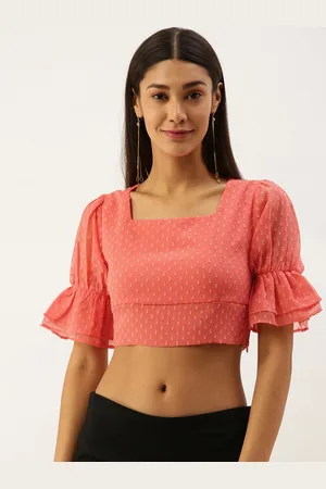 Berrylush Pink Bell Sleeves Dobby Weave Regular Crop Top