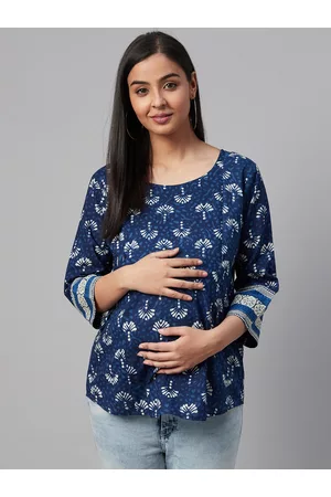 anayna Women Blue & Off-White Ethnic Motifs Print Maternity & Nursing Pure Cotton Top