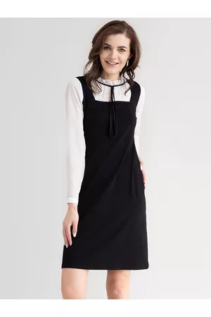 FableStreet Women Black & White Colourblocked Tie-Up Neck Formal Sheath Dress