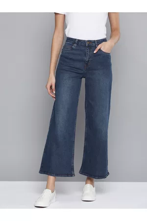 Chemistry Women Navy Blue Wide Leg Mid-Rise Clean Look Cropped Stretchable Jeans