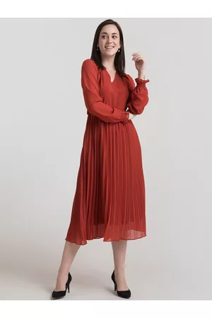 FableStreet Women Rust Pleated Fit and Flare Dress