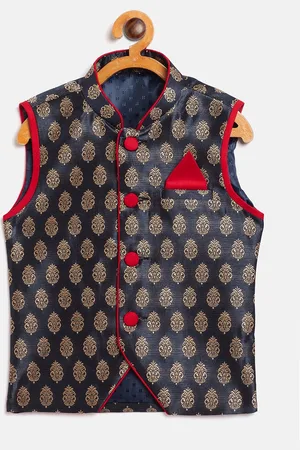 YK Boys Navy Blue & Beige Woven Design Nehru Jacket