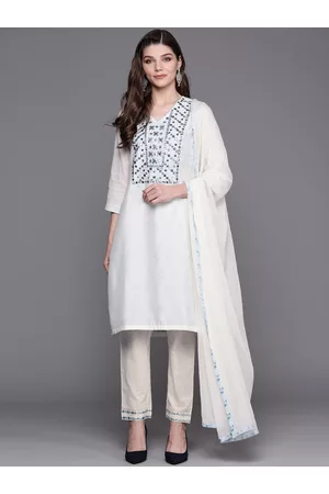 Biba Women Off-White & Blue Yoke Design Kurta with Trousers & Dupatta