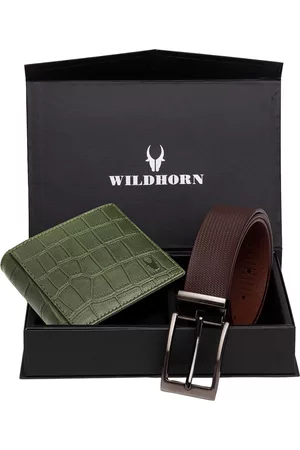 WildHorn Men Green & Brown RFID Protected Genuine Leather Accessory Gift Set