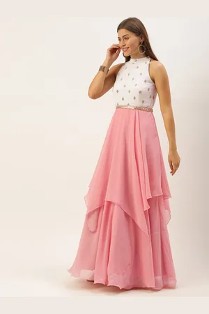 Ethnovog Pink White Embroidered Georgette Maxi Dress