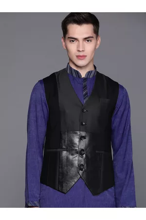 MANU Men Charcoal Grey & Black Colourblocked Single-Breasted Partywear Waistcoat