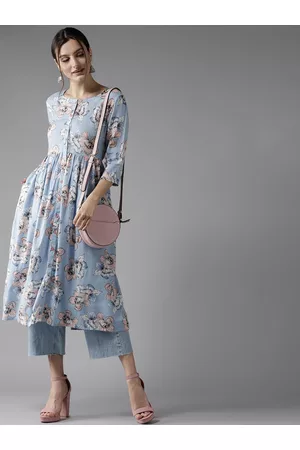 HERE&NOW Women Blue & White Floral Print A-Line Kurta