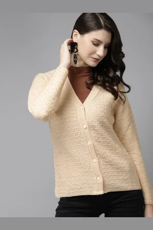 Cayman Women Beige Self Design Woollen Cardigan