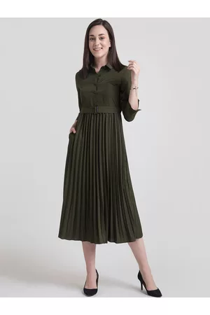 FableStreet Women Olive Green Solid Shirt Dress