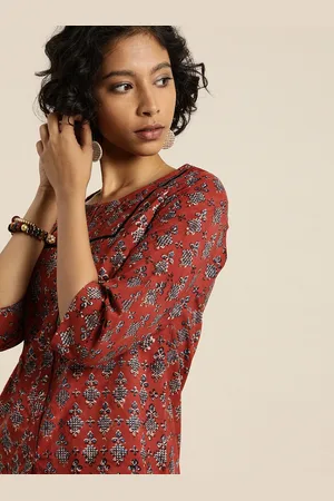 Taavi Women Red & Navy Blue Bagru Hand Block Print Regular Sustainable Pure Cotton Top With Full Button Placket