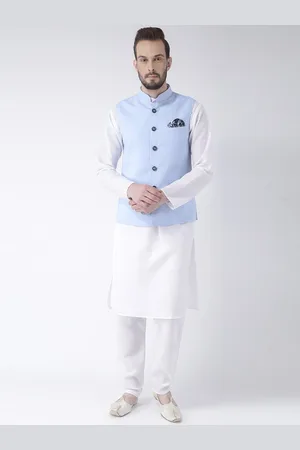 Hangup Men White & Blue Pure Cotton Kurta with Pyjamas with Nehru Jacket